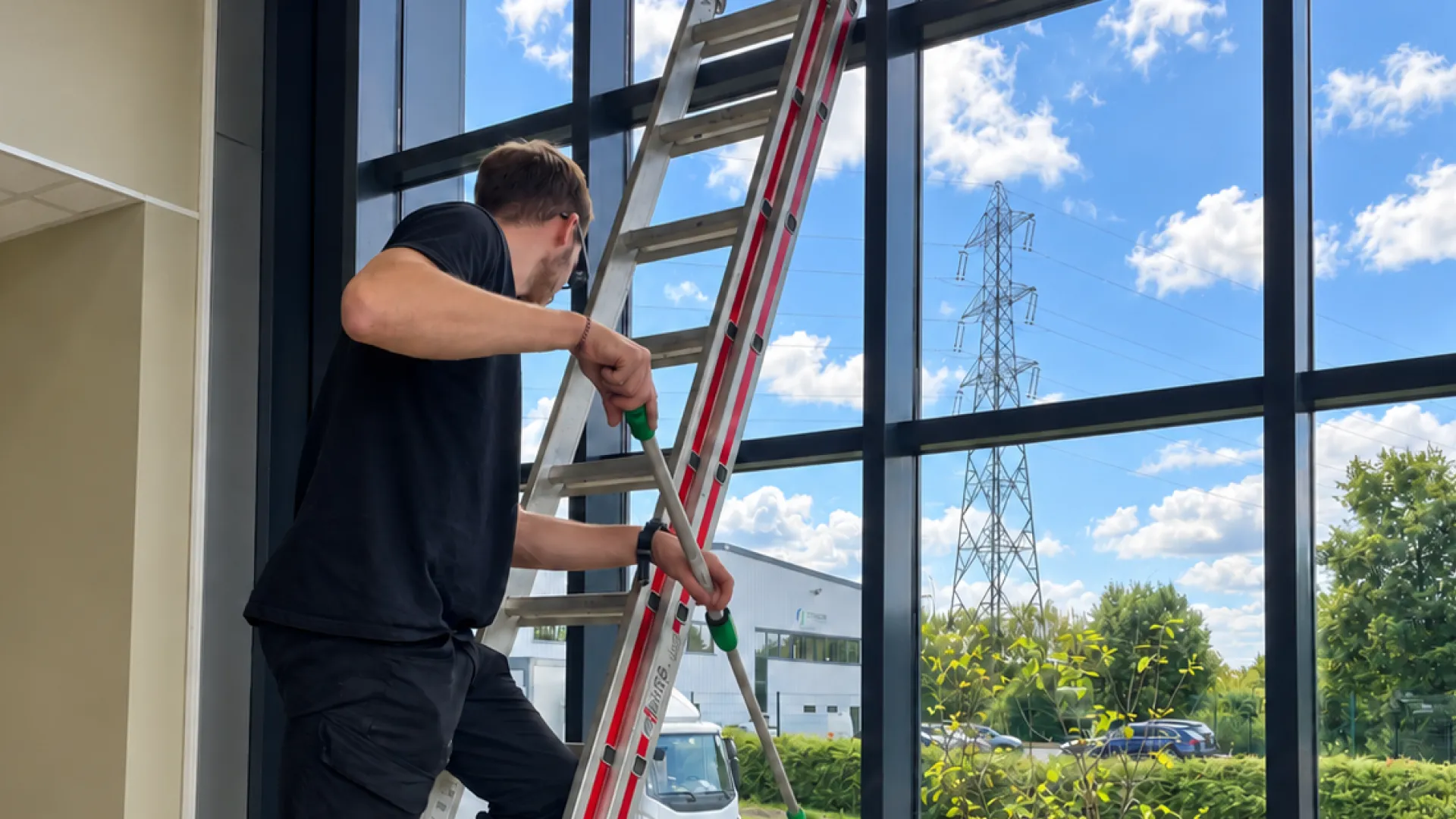 Nettoyage d'une baie vitrée de bureaux en hauteur par QualiClean, à Lille
