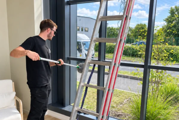 Louis Vermeersch nettoie la baie vitrée d'un bureau à Lille